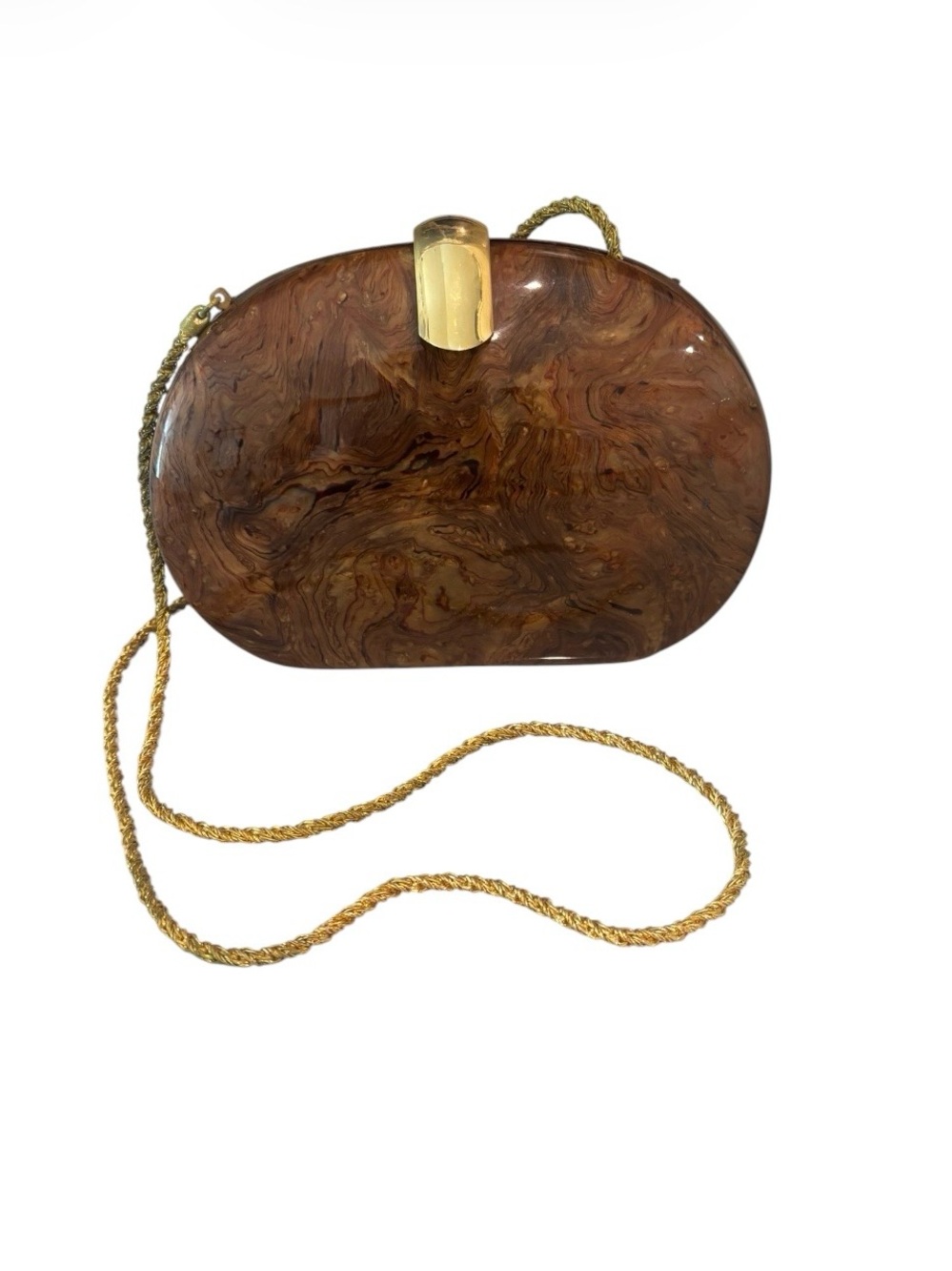 Vintage Andre Cellini Brown Acrylic Marble Clutch with Gold Chain Unique